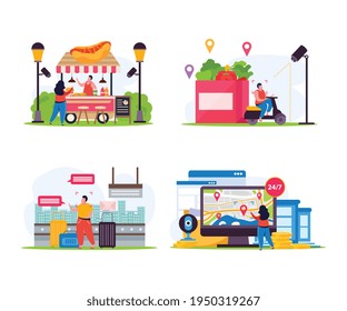 Conjunto de cuatro composiciones planas de monitorado de vídeo urbano aisladas con varias ubicaciones urbanas equipadas con cámara de ilustración vectorial