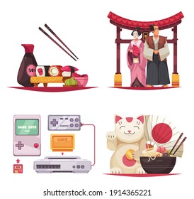 Set of four isolated compositions with stereotypes about japan sushi noodles traditional costumes and gaming consoles vector illustration