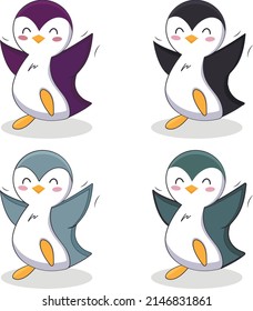 Set of four isolated cute little colorful penguins