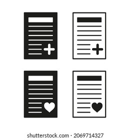 Un conjunto de cuatro iconos de documento aislados en un fondo blanco, relleno negro, contorno negro, ilustración vectorial
