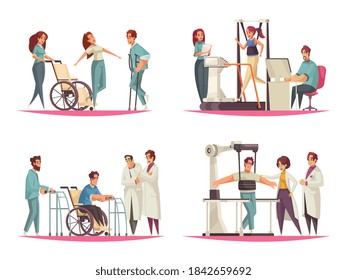 Set with four isolated doodle style compositions with characters of medical specialists appliances and happy patients vector illustration