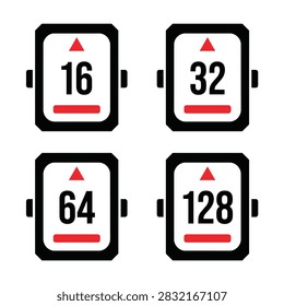 Set of four isolated electronic component icons featuring number values sixteen, thirty two, sixty four and one hundred twenty eight with red triangles and bars