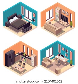 Set of four isolated furniture interior compositions with isometric views of apartment rooms with modern interiors vector illustration