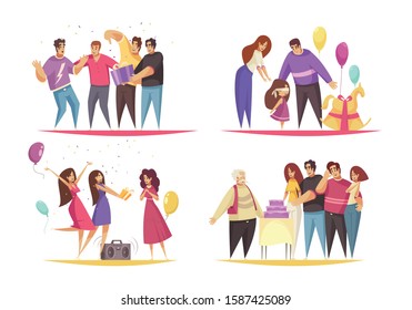Set of four isolated gift present compositions with flat characters of people having joy and fun vector illustration