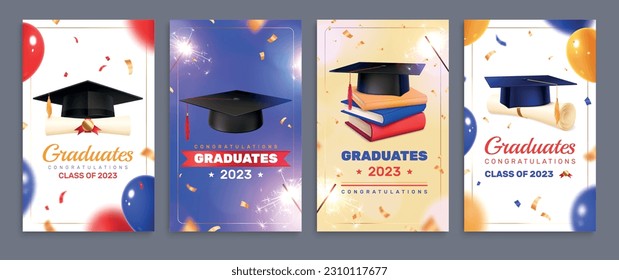 Fijado con cuatro afiches verticales aislados del partido de graduación con imágenes realistas de artículos de vacaciones y sombreros ilustraciones vectoriales