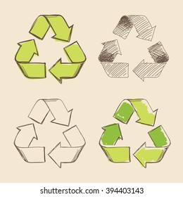 Set of four isolated hand drawing vector recycling symbols.
