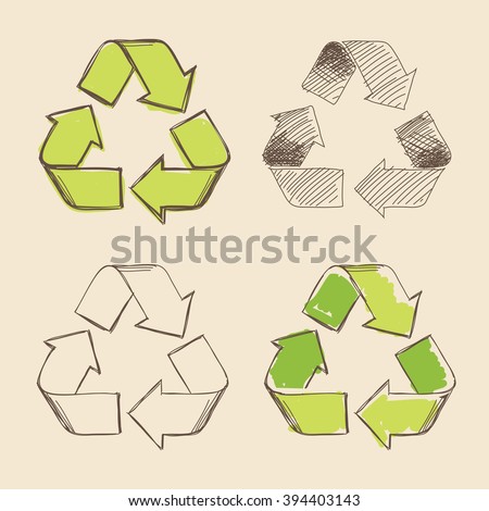 Set of four isolated hand drawing vector recycling symbols.
