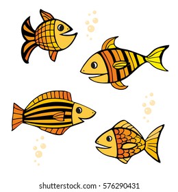 Set of four isolated hand drawn colored yellow and orange fishes with black outlines on white background.