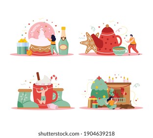 Conjunto de cuatro composiciones aisladas de invierno feliz con imágenes planas de regalos y champán con ilustraciones vectoriales de personas