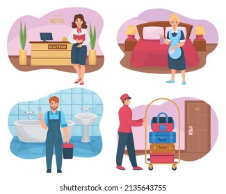 Conjunto con cuatro composiciones planas de personal de hotel aisladas con personajes de portador de recepcionista de sirvientes y ilustración vectorial plomero