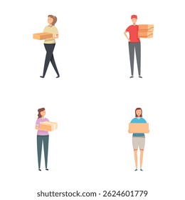 Set of four isolated illustrations showcasing diverse delivery persons holding cardboard boxes
