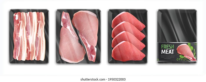 Set of four isolated images with realistic meat in packages with steaks bacon and empty box vector illustration