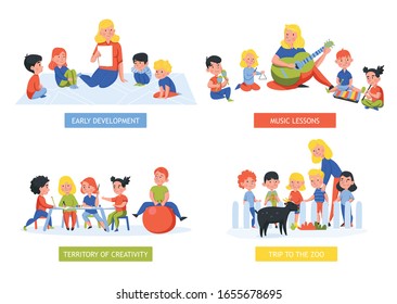 Set of four isolated kindergarten compositions with editable text and human characters of kids with teachers vector illustration