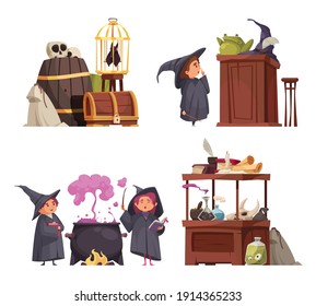 Set of four isolated magic school compositions with doodle characters of students in hats and goods vector illustration