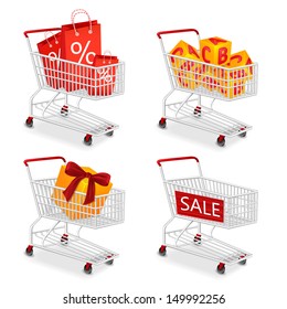 Set of four isolated modern photorealistic  shopping  carts icons on white background. Vector illustration.