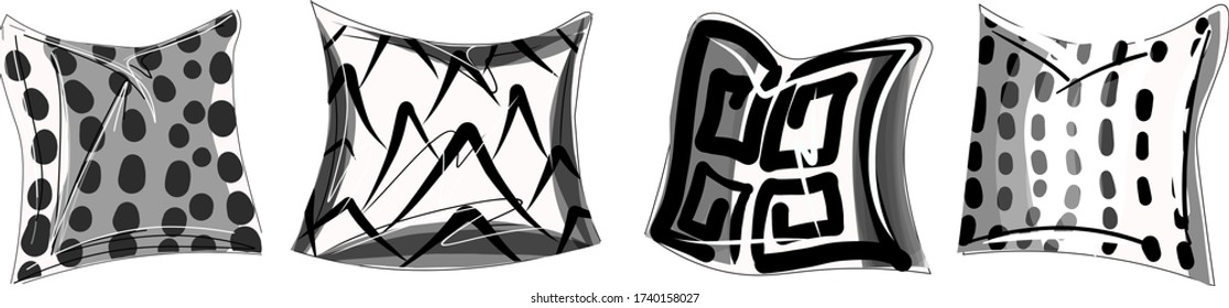 Set of four isolated pillows. Black and white pillows. Isolated subject on a white background.