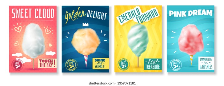 Set Of Four Isolated Realistic Candy Sugar Cotton Posters With Colourful Compositions Of Images And Text Vector Illustration