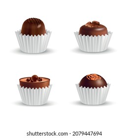 Set of four isolated realistic chocolate corrugated paper wrapper icons with choco candies on blank background vector illustration