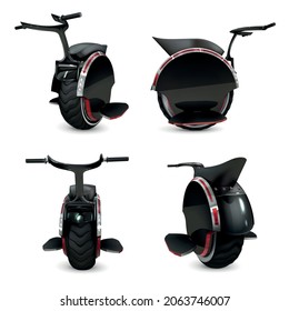 Set of four isolated realistic monowheel images with red and black metal surface treadle and handlebars vector illustration