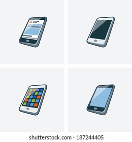Set of four isolated smartphone icon illustration in cartoon style with different screen background 