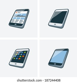 Set of four isolated tablet icon illustration in cartoon style with different screen background 