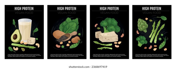 Set with four isolated vegan protein food posters with editable text and compositions of vegetarian meals vector illustration