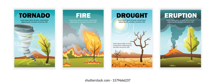 Set with four isolated vertical natural disaster posters with editable text and outdoor landscapes with calamities vector illustration