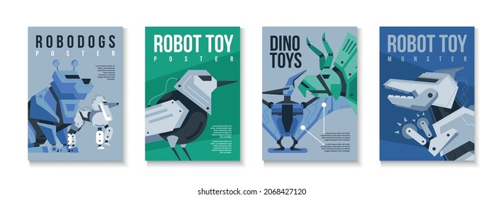 Set of four isolated vertical robot toy animal posters with editable text and modular droid images vector illustration