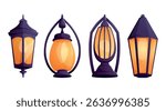 Set of four isolated vintage lanterns with glowing orange light and dark tops. Vector cartoon illustration perfect for magical, festive, medieval, or fantasy themed projects and decorative assets.