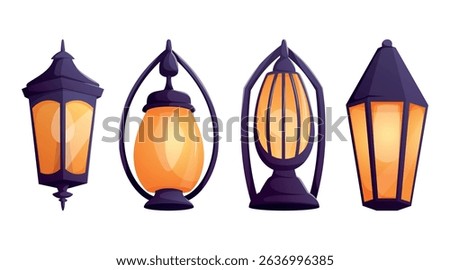 Set of four isolated vintage lanterns with glowing orange light and dark tops. Vector cartoon illustration perfect for magical, festive, medieval, or fantasy themed projects and decorative assets.