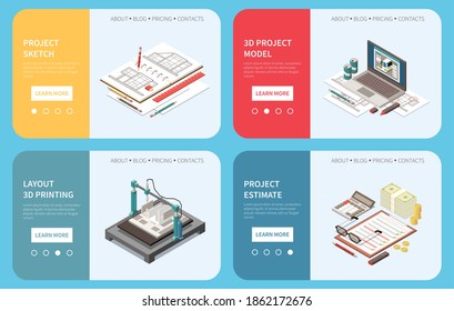 Set of four isometric architect horizontal banners with page switches learn more button and workspace elements vector illustration