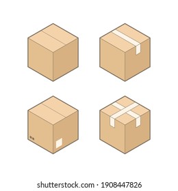 Set of four isometric cardboard boxes isolated on white background.