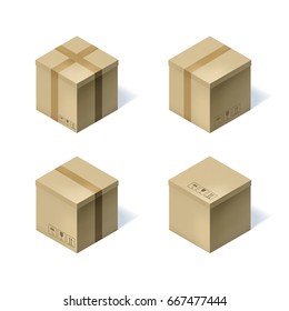 Set of four isometric cardboard boxes isolated on white background. Vector illustration
