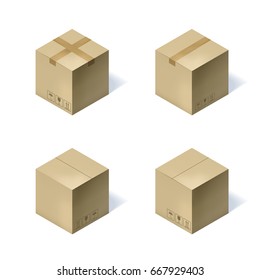 Set of four isometric cardboard boxes isolated on white background. Vector illustration