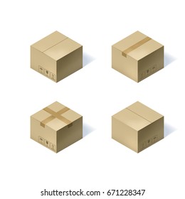 Set of four isometric cardboard boxes isolated on white background. Vector illustration