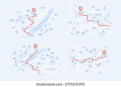 Set of four isometric digital city maps with red route lines and destination pins