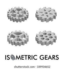 Set of four isometric gears isolated on a white background. Isometric vector illustration. Set of 3D icons.