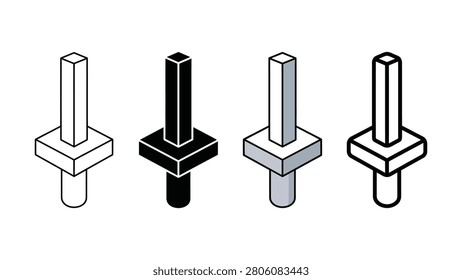 A set of four isometric icons depicting a stylized abstract shape resembling a sword in different styles