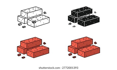 A set of four isometric illustrations showing piles of red bricks, including line art and solid fill versions. Ideal for construction, DIY, and architecture themes.