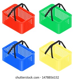 Set of four isometric plastic multi-colored shopping baskets. Isometric Plastic basket icon for web online shopping. Red  isometric plastic grocery shopping basket isolated on white.