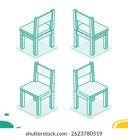 Set of four isometric wooden chair with a soft cushion seat, shown from different angles. Interior design concept, game assets, architectural visualizations, and educational materials. Outline style.