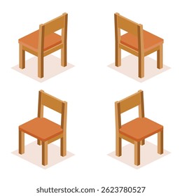 Set of four isometric wooden chair with a soft orange-brown cushion seat, shown from different angles. Interior design concept, game assets, architectural visualizations, and educational materials.