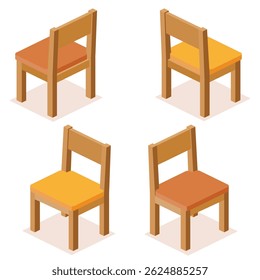 Set of four isometric wooden chair with a soft orange-brown cushion seat, shown from different angles. Interior design concept, game assets, architectural visualizations, and educational materials.