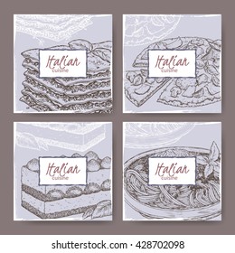 Set of four Italian cuisine banner templates. Includes hand drawn sketch of pizza, lasagna, tiramisu, spaghetti. Great for restaurants, cafes, recipe and travel books.