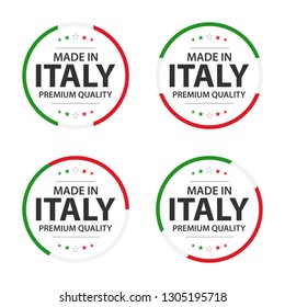 Set of four Italian icons, English title Made in Italy, premium quality stickers and symbols, simple vector illustration isolated on white background