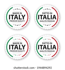 Set of four Italian labels. Made in Italy In Italian Fatto in Italia. Premium quality stickers and symbols with stars. Simple vector illustration isolated on white background