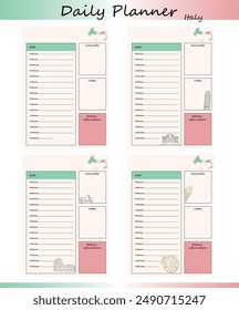 A set of four Italian themed day planner templates. Each template includes sections for to-do schedules, notes, reminders, and daily affirmations. The design is in the colors of the Italian flag