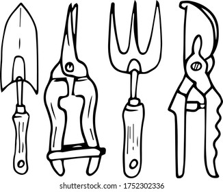 A set of four items of garden equipment. Everything for gardening. Drawing doodling. Manual of linear drawing. Vector graphics