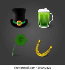 Set of four items with shadow on dark background for St. Patrick's Day. Vector illustration