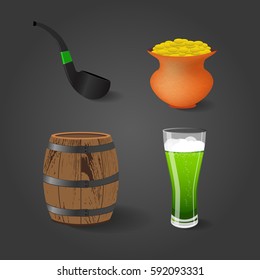 Set of four items with shadow on dark background for St. Patrick's Day. Vector illustration